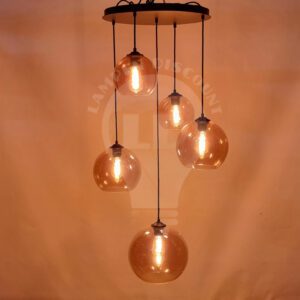 Moderne Zwarte Hanglamp Rond 50cm 5 Lichts Amber glas